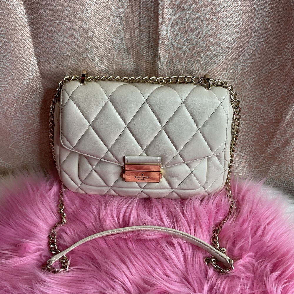 Kate Spade Quilted Cream Crossbody Bag Gold Chain Neutral Classic